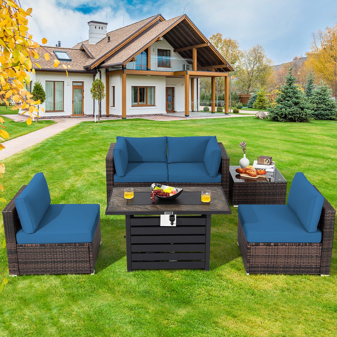 Costway 6PCS Patio Rattan Furniture Set 42'' Fire Pit Table Cover Sofa Cushion Off White/Black/Navy/Red/Turquoise